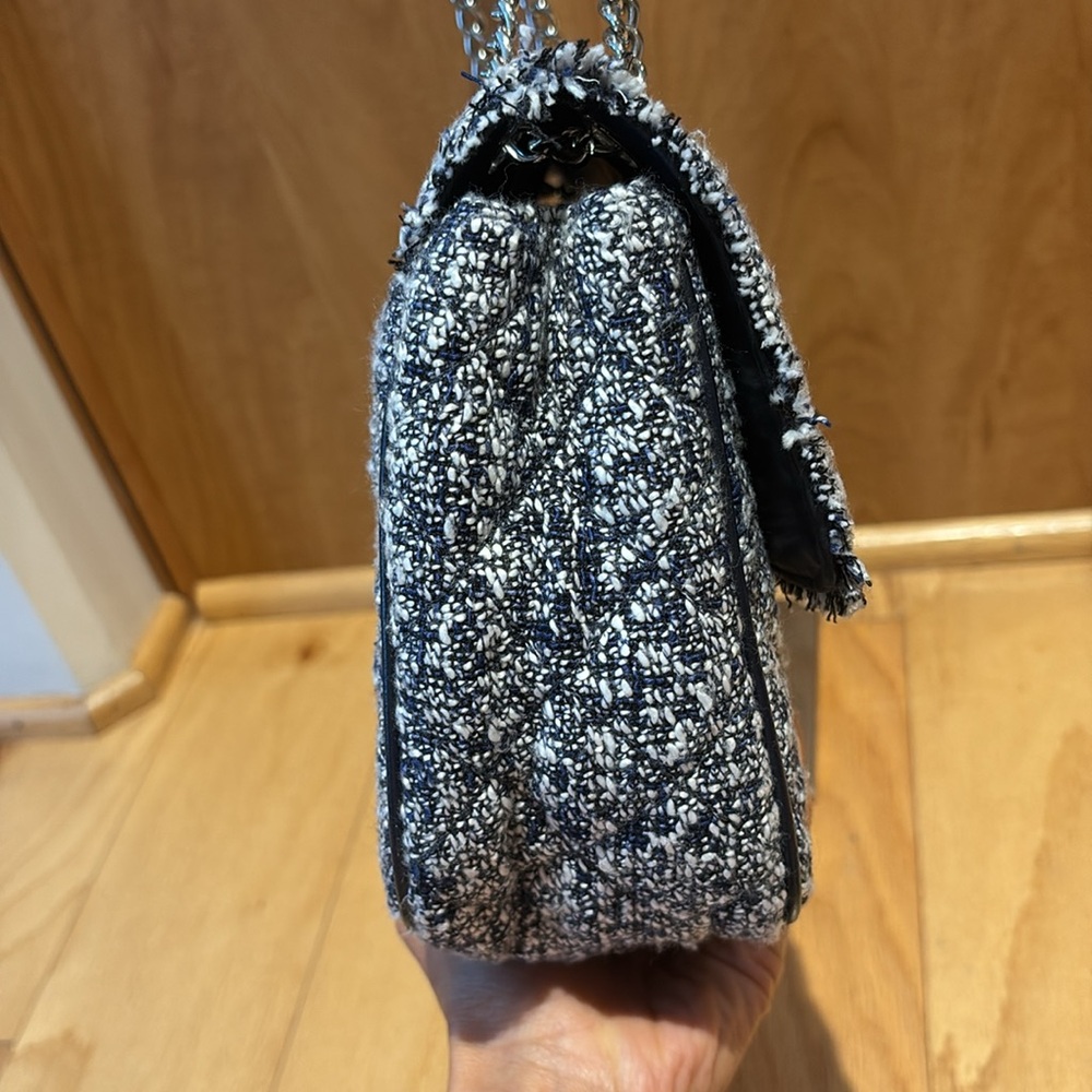 Michael Kors Sloan Large Admiral Tweed Shoulder Bag Navy Blue silver chevron - Picture 5 of 16